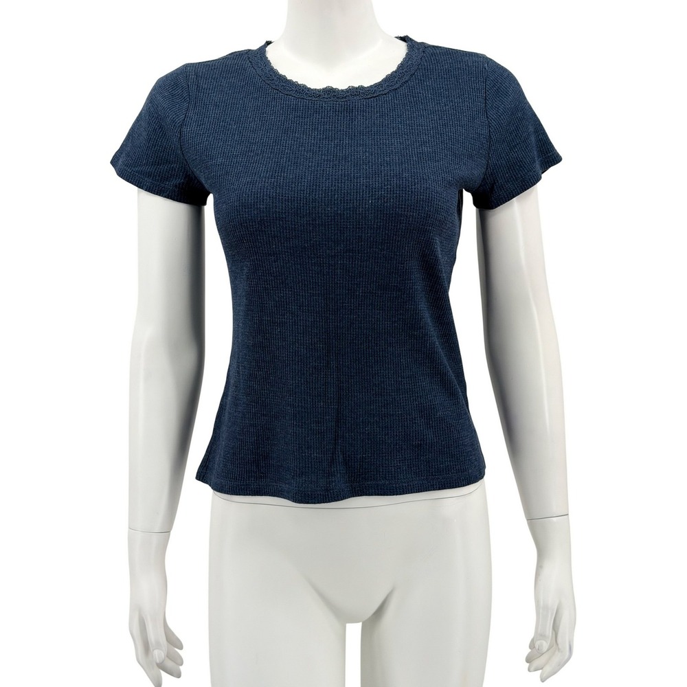 No Boundaries Top Women Medium Blue Waffle Knit Lace Trim Preppy Casual Everyday